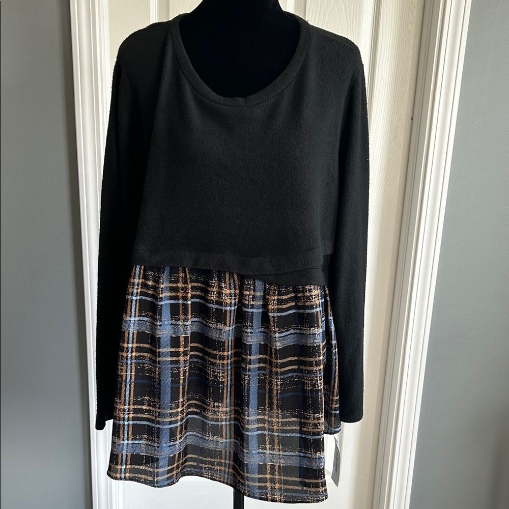 Moa Moa Black and Plaid Layered Blouse